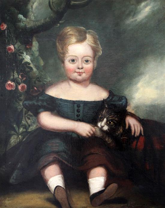 Early 19th century English School Portrait of a child seated with a cat and roses, 24 x 19.5in.